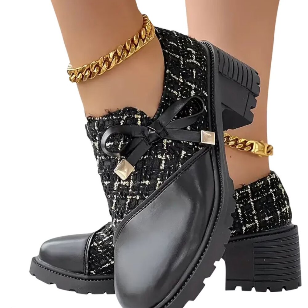 D&G Chunky Gold Tweed Bowtie Rubber Platfrom Shoes